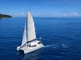 A catamaran sails smoothly across the deep blue waters, showcasing a perfect day for adventure on the sea.