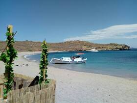 A lively group enjoys a day at the beach with a boat anchored nearby, perfect for island hopping adventures and sun-soaked fun.
