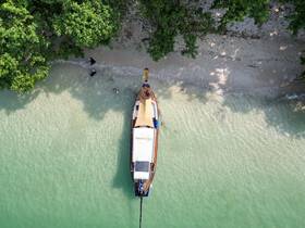 An aerial view of a boat anchored near a sandy beach, with people enjoying the water — a perfect scene for beach outings and aquatic adventures.
