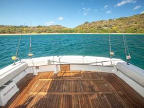 A clear view of the deck of a fishing boat, showcasing its wooden flooring and fishing rods, set against a backdrop of tranquil waters and a scenic shoreline.