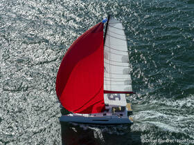 A stunning aerial view of a catamaran sailing with a vibrant red spinnaker, showcasing the beauty of sailing on open waters.