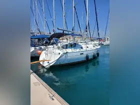 A sleek Océanis 331 yacht docked in a marina, surrounded by masts and clear blue waters, perfect for sailing enthusiasts.