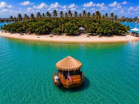 A stunning aerial view of a tiki boat anchored in crystal-clear turquoise waters, surrounded by a beautiful sandy beach and lush palm trees, perfect for tropical getaways.