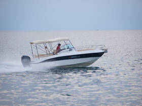 A speedboat glides across the water with a driver at the helm, showcasing the thrill of boating adventures on the open sea.