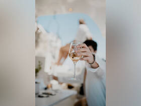 A guest raises a glass of wine in celebration aboard a boat, capturing the essence of a lively party atmosphere on the water.