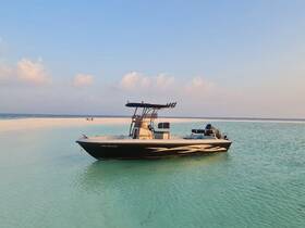 A sleek speedboat anchored in crystal-clear waters, surrounded by a pristine sandbar — perfect for a day of relaxation and adventure on the water.