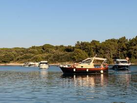A group enjoys a sunny day on the water, with several boats anchored in a serene bay surrounded by lush greenery — perfect for summer relaxation and socializing.
