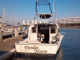 A clear view of the 'Denise Marie' boat docked at Port Canaveral, FL, showcasing its structure and features against a serene marina backdrop.