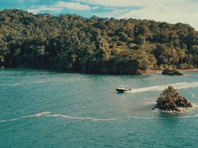 A scenic view of a boat cruising along a beautiful coastline, surrounded by lush greenery and rocky outcrops — perfect for showcasing the natural beauty of the area.