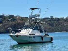 A striking fishing boat anchored in calm waters, showcasing its sleek design against a scenic backdrop of hills and homes.
