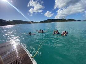 A lively group enjoys a fun day in the turquoise waters, floating on colorful rafts and soaking up the sun — a perfect summer getaway.