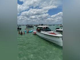 A lively scene at a sandbar with guests enjoying the water around a stylish boat, perfect for summer fun and group activities.
