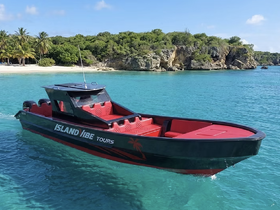 A sleek speedboat named 'Island Ibe Tours' glides through crystal-clear waters, showcasing its vibrant red and black design against a picturesque tropical backdrop.