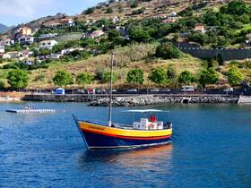 A vibrant boat named 'CALCAMAR' is docked in a picturesque harbor, surrounded by lush hills and a sandy beach, showcasing the beauty of coastal life.