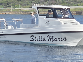 A sleek speedboat named 'Stella Maria' is seen on the water, showcasing its design and structure, perfect for thrilling water adventures.