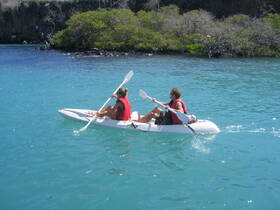 A couple enjoys kayaking through crystal-clear waters, showcasing the beauty of outdoor adventures and on-water activities.