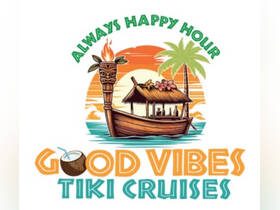 A colorful graphic featuring a tiki boat and tropical elements, promoting 'Good Vibes Tiki Cruises' with a fun and inviting design.