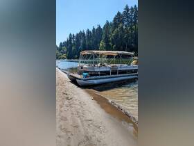 A pontoon boat is docked on a sandy shore, surrounded by lush greenery — perfect for a relaxing day on the water.