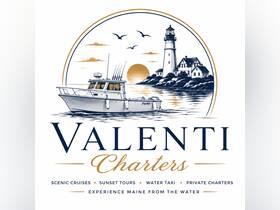 Logo design for Valenti Charters featuring a boat and lighthouse, representing scenic cruises and private charters in Maine.