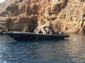 A person enjoys a swim with a dog near a sleek boat, set against a stunning rocky coastline — a perfect snapshot of fun on the water.