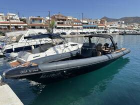 A sleek speedboat docked at a marina, showcasing its modern design against a picturesque waterfront backdrop.