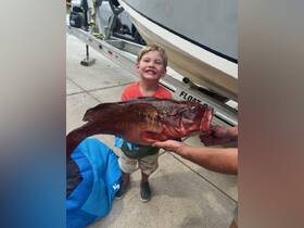 A joyful child proudly displays a large fish caught during a fishing trip, showcasing the excitement of a successful catch.
