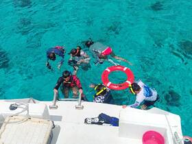 A lively group enjoys snorkeling in crystal-clear waters, showcasing the excitement of underwater exploration and fun in the sun.