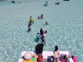 A lively group enjoys a sandbar stop in crystal-clear waters, engaging in swimming and fun activities — perfect for family outings and memorable beach days.