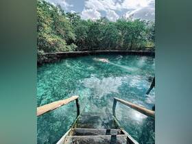 A serene scene of a swimmer enjoying the clear waters surrounded by lush mangroves, perfect for eco-tours and nature exploration.