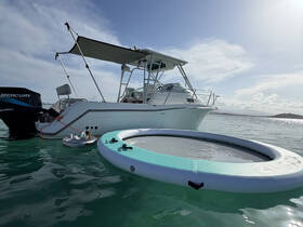 A sleek boat anchored in clear waters, showcasing its design and structure, perfect for a day of relaxation on the water.