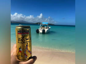 A blurred image featuring a can of Medalla beer in the foreground with a boat in the background, capturing a relaxed beach vibe.