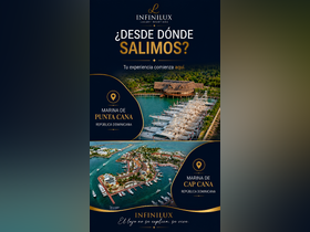 A promotional image showcasing the marinas of Punta Cana and Cap Cana in the Dominican Republic, highlighting luxury boating experiences.