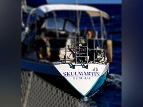 The SKULMARTIN boat is prominently displayed against a backdrop of deep blue waters, showcasing its sleek design and inviting atmosphere for maritime adventures.