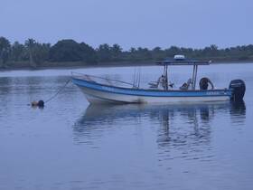 A serene scene featuring a fishing boat with a person preparing gear on board, set against a tranquil water backdrop, perfect for outdoor adventures.