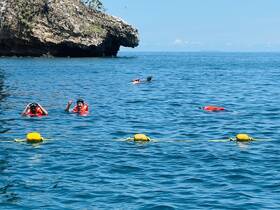 A group of snorkelers enjoys a vibrant day in the ocean, showcasing the thrill of underwater exploration and fun in the sun.