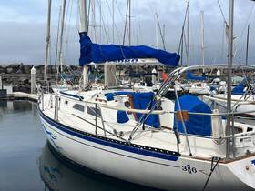 A beautiful yacht docked in the marina, showcasing its sleek design and vibrant blue accents against a serene backdrop.