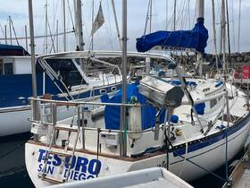 A detailed view of the 'Tesoro' sailboat docked at the marina, showcasing its structure and design amidst other vessels.