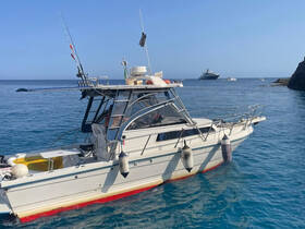 A sleek speedboat is anchored in clear blue waters, showcasing its design and fishing gear, perfect for a day out on the sea.