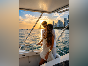 A couple shares a romantic kiss on a yacht at sunset, creating a perfect backdrop for unforgettable moments on the water.