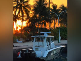 A stunning sunset backdrop highlights the sleek profile of the 'Blue Fairy' boat docked at the marina, perfect for evening cruises and adventures.