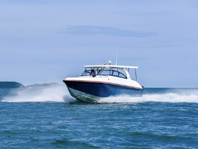 A sleek speedboat glides through the water, showcasing its dynamic design and performance on a sunny day — perfect for thrilling adventures on the open sea.