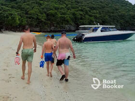 A family walks along the beach, ready for a snorkeling adventure, with a boat anchored nearby — perfect for a day of fun in the sun.