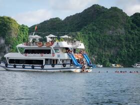 A lively scene featuring guests enjoying water activities around a cruise boat, showcasing the fun and excitement of a day on the water.
