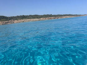 A serene view of crystal-clear waters and a distant shoreline, capturing the beauty of a tranquil marine environment.