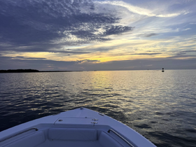 A serene view from the front of a boat at sunset, showcasing calm waters and a picturesque sky — perfect for peaceful evening cruises.