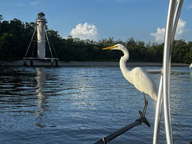 A majestic egret perches on a boat railing with a lighthouse in the background, showcasing the serene beauty of coastal wildlife.