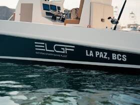 Close-up view of a sportfishing boat named 'ELGF' from Gaviotas Sportfishing Fleet, showcasing its sleek design and location in La Paz, BCS.