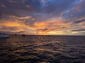 A stunning sunset view over the water with yachts silhouetted against the vibrant sky, perfect for capturing the beauty of evening boat outings.