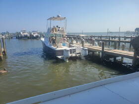 A group of people is seen preparing a boat at the marina, showcasing the vibrant atmosphere of a day on the water.