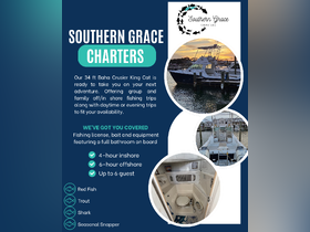 Showcasing the amenities of Southern Grace Charters, including a full bathroom and fishing equipment for an enjoyable offshore adventure.